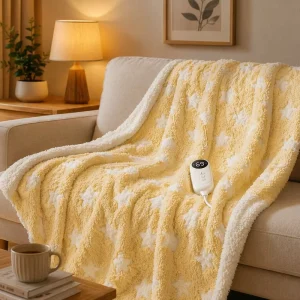 Heated Throw Blanket Jacquard Checkered Sherpa 50×60 Inch Fast Heating 6 Temperature Levels Machine Washable for Home
