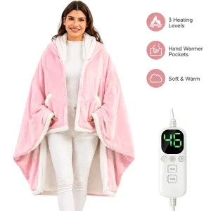 Heated Wearable Blanket Flannel Sherpa Plush Adjustable Warmth Auto Shut Off for Winter Indoor Couch Travel