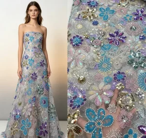 Heavy Bead Gradient Silver Crystal Peacock Reinforced Stitch Premium Lace Fabric for Couture Designer Formal Prom Gala Dress