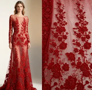 Heavy Beaded Mesh Base Red 3D Floral Crystal Sequin Pattern Double Reinforced Stitch Lace Fabric for Couture Dress in Stock