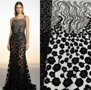 Heavy Beaded Mesh Fabric White Base Black 3D Floral Silver Wave Crystal Sequin Mesh 3D Fringe Tassel Reinforced Stitch Luxury