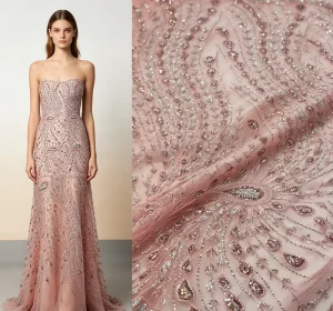 Heavy Beaded Rainbow Peacock Designer Luxury Embroidery Mesh Fabric with Sequins for Couture Fashion Evening Wear