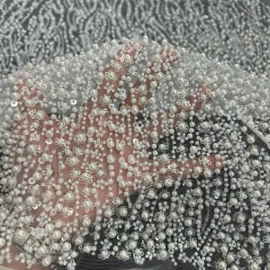 Heavy Beads Wedding Lace Fabric Luxury Bridal Dress Fabric High Quality Mexico Embroidery Fashion Design With Big Pearls
