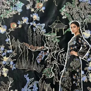 Heavy-Duty 3D Black Jacquard Velvet Sequin Bead Embroidered Fabric for Cheongsam Dresses Evening Dress Suit Fabrics