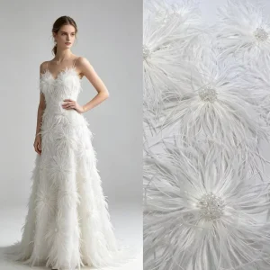 Heavy Handmade 3D Fluffy Feather Floral Mesh Fabric with Beaded Stereo Flower Lace for Luxury Couture Wedding Dress