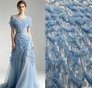 Heavy Handmade Feather Glitter Strip Beaded Embroidery Lace Fabric for Luxury Couture Party Dress