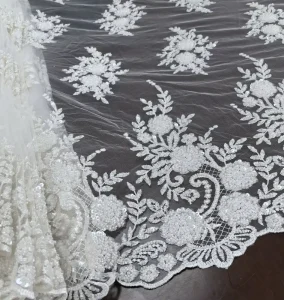 Heavy Machine Beaded Sequins Embroidery Lace Tulle Fabric Double Sided Bridal Wedding Shrink Resistant Plain Woven