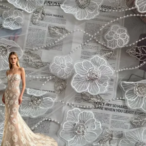 Heavy Machinery Leaf shaped Pearl Tube Sequin Embroidery Fabric Three dimensional Net Mesh 100% Polyester Woven Dress