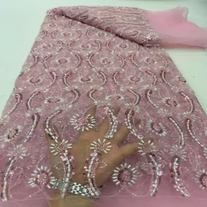 Heavy Seed Bead Embroidery Lace Fabric with Sequins Elegant Mesh Tulle for High End Wedding Gown Bridal Dress