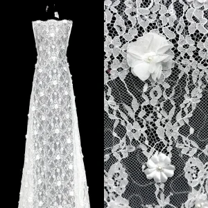 Heavy White Polyester Lace Fabric with 3D Floral Embroidery and Beads for Wedding Accessories