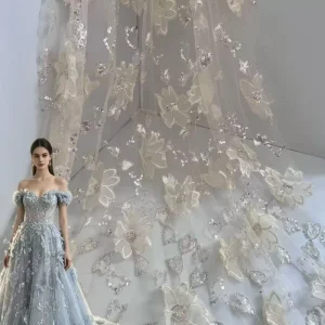 Heavy duty Nonwoven Sheer Beaded Sequin Embroidered Lace Fabric with Three dimensional Mesh Appliques for Wedding Dresses Gowns