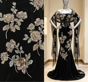 Heavyweight Chinese Luxury 3D Sequined Peach Blossom Velvet Embroidery Fabric for Dresses & Heavy Weft Cheongsam