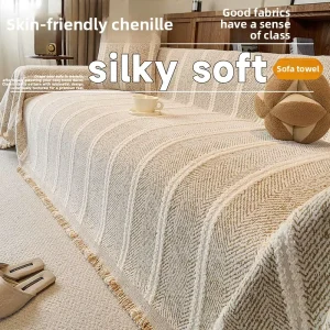 Herringbone Striped Chenille Sofa Throw Cover Customizable For Combination Sofa French Minimalist Tassel Woven Furniture Blanket