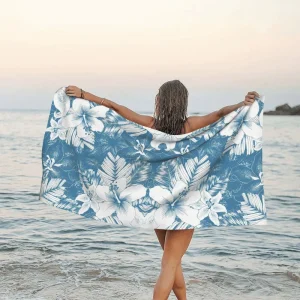 Hibiscus Pattern Blue & White Polyester Beach Towel Oversized Super Absorbent Quick Dry All Season Beach Pool Vacation Towel