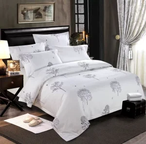 High Density 60S Cotton Sateen Bedding 4pcs White Printed Quilt Cover Sheet Set for Boutique Inn Hotel