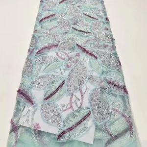 High End Custom Dress Fabric with Embroidered Leaf Plant Flower Pattern Lace Trim for Weddings and Girls Knitted Techniques