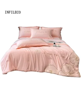 High End European Style 4PCS Bedding Set Smooth Summer Quilt Skin Friendly Printing Combed Cotton Sheet Pillowcase Duvet Cover