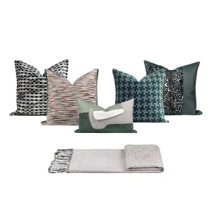 High-End Green Geometric Splicing Heated Pillow Quality Light Luxury Hotel Sofa Cushion Vintage Pattern