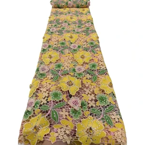 High-End Polyester Embroidery Guipure Cord Lace Fabrics for Wedding Party Dress Big Stones African Fabrics