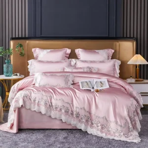 High Grade Pink Satin Silk Cotton Duvet Cover Bed Linen Soft Lace Embroidery Quilt Cover Bed Sheets 4PCS Queen King Bedding Set