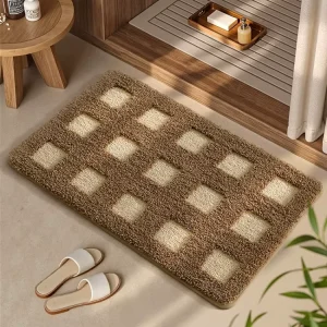 High Low Cut Classic Modern Checkered Polyester Bath Mat Machine Washable Super Soft Absorbent PET Friendly Home Hotel Non Slip