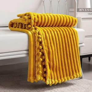 High Low Stripe Fleece Plush Blanket with Pompom Soft Plus Fluffy Flannel Blanket Throw for Couch Bed