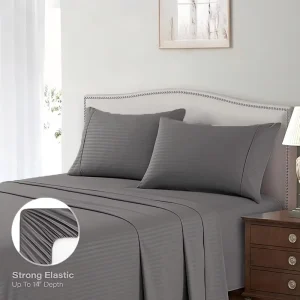 High-Quality 100% Polyester King-Size Striped Hotel Bedding Set 300TC Fitted Sheet 4-Piece Set