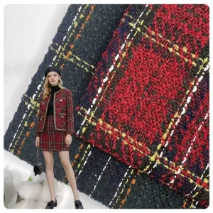 High Quality 100% Polyester Tartan Plaid Tweed Fabric Boucle Textured Fabric for Women’s Coats Jackets Skirts Customizable