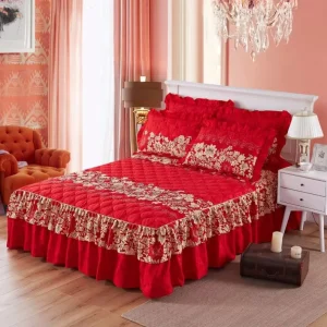 High Quality 3 Pcs Double Layer Solid Knitted Bed Skirts Set with 2 Pair Pillowcases and Bedspread (Polyester Cotton)