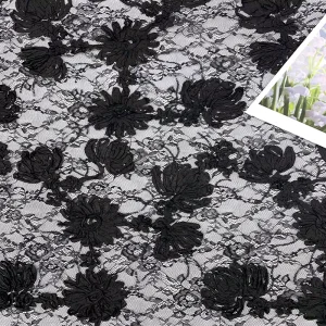 High Quality 3D Floral Belt Embroidered Lace Fabric Black Textured Mesh Lace for Evening Dress Wedding Gown