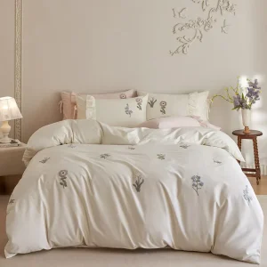 High Quality 50S Cotton Bedding Set Floral Towel Embroidered 4pcs Quilt Cover Set Soft Breathable Bed Sheet Set Bedspread Set