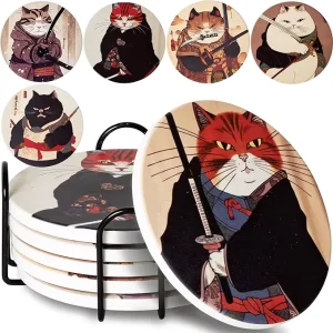 High Quality 6pcs Set Cute Cartoon Cat Pattern Matte Absorbent Eco Friendly Non Slip Ceramic Coasters Heat Resistant Cup Mats