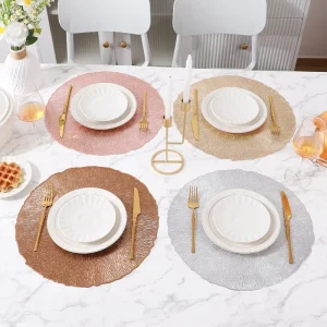 High Quality Bestselling PVC Gold Foil Stamped Round Scattered Hollow Out Placemat Waterproof Heat Resistant