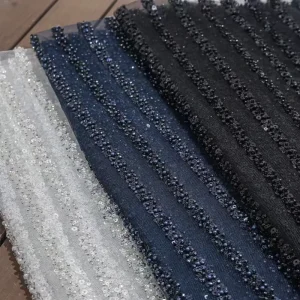 High Quality Breathable Jacquard Weft Knitted Mesh Vertical Stripe Beaded Sequin Lace Crystal Accessories Embroidered