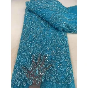 High Quality China Lace Fabric Light Blue Sequins Embellishment Embroidered Wedding Girls Home Textiles Fabrics for Dresses