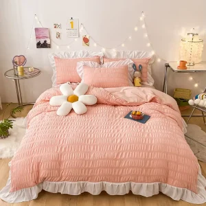 High Quality Comfortable Four Piece Bedding Set Solid Color Ruffled Bubble Gauze with Zipper Washable Home Textiles