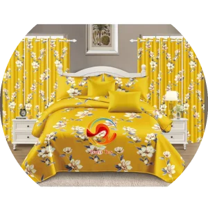 High Quality Curtain Set and Bedsheets Polyester Microfiber Printed Queen Size Bedding Set Matching Pillowcase for Home