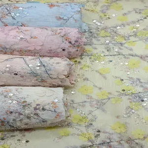 High Quality Eco Friendly Sheer Embroidered Fabric with Sequins and Beads 100% Polyester for Wedding Garment Accessories