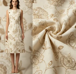 High Quality Embossed Gold Satin Warp Knit Slub Jacquard Dress with Printed and Woven Patterns for Women Swimwear