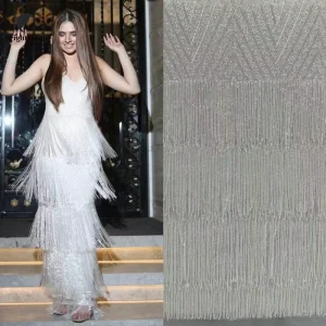 High Quality French Sequin Lace Bridal Evening Dress Luxury Medium Weight Embroidered Knitted Beaded Tassel Fabric Wedding Girls