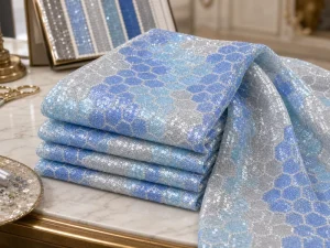 High Quality Gradient Blue Silver Honeycomb Hexagon Sequin Embroidered Fabric for Party Dresses