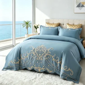 High Quality Ice Silk Cotton Bedding Set OEM ODM European Style Four Piece Bed Sheet Set With Embroidery