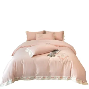 High Quality Luxury Long Staple Cotton Lace Embroidery Duvet Cover Set Silk Feel Bedding Set