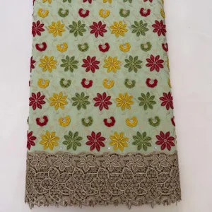 High Quality Multicolor Floral Embroidered Cotton Fabric Luxury Swiss Voile Fabric with Lace Hem for Party & Wedding Wear