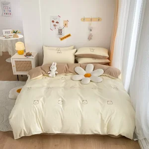 High Quality Organic Eco-Friendly 40S Pure Cotton 100TC Cute Cartoon Bear Pattern Embroidery Children Kids 4Pcs Bedding Set