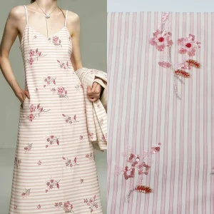 High Quality Polyester Striped Fabric with Pink Flower Bead Embroidery for Garments