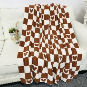 High Quality Ultra Soft Fluffy Microfiber Checkerboard Bear Head Knit Blankets Soft Sleep Children Knitted Blankets