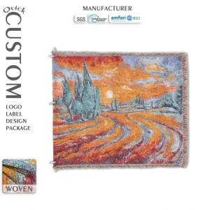 High Quality Van Gogh’s Oil Painting Style Floral Wheat Field Cypress Jacquard Woven Tapestry Blanket Custom Design Festival
