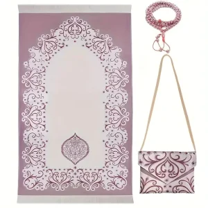 High Quality Washable Muslim Prayer Carpet Set Foldable Travel Prayer Rug with Matching Crossbody Bag and Tasbih for Daily Use