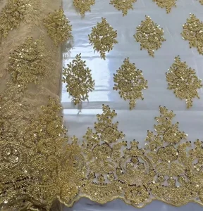 High Quality Woven Heavy Beaded Sequin Lace Fabric Embroidery for Wedding Dresses Bridal Toy Use